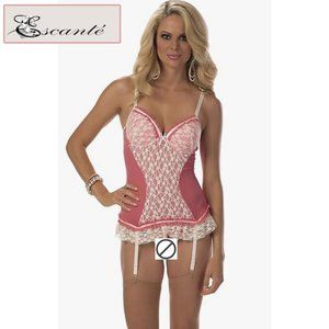 Escante Sz M Sun Kissed Bustier Chemise Garter Lace Mesh Underwire Molded Cups